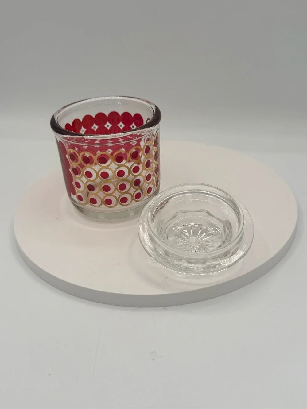 Vtg MCM Jeannette Glass Atomic Red Gold Jar Lid